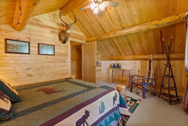 662 S Foys Lake Dr, Kalispell, MT 59901 - carpeted bedroom featuring wood walls and wooden ceiling