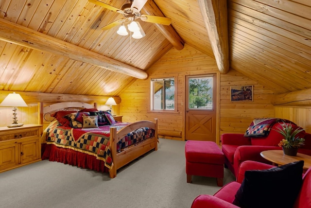 662 S Foys Lake Dr, Kalispell, MT 59901 - carpeted bedroom featuring wooden ceiling, wooden walls, and ceiling fan
