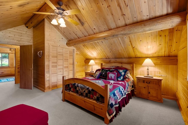662 S Foys Lake Dr, Kalispell, MT 59901 - bedroom with wooden walls, light carpet, wooden ceiling, and ceiling fan