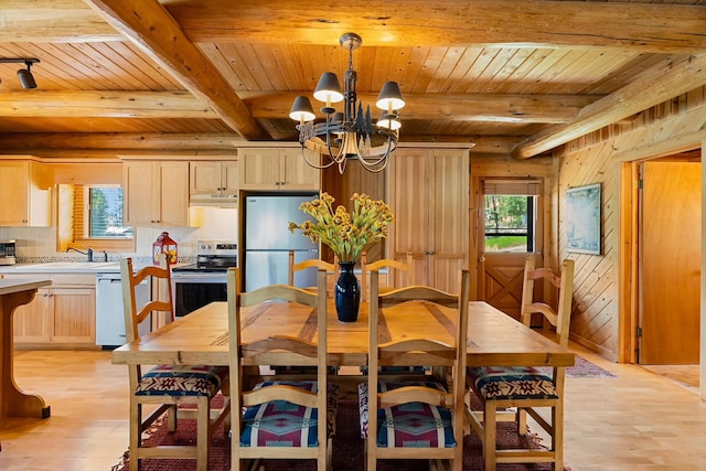 662 S Foys Lake Dr, Kalispell, MT 59901 - dining space with a wood ceiling with exposed beams, a chandelier, healthy amount of natural light, wooden walls, and light wood finished floors