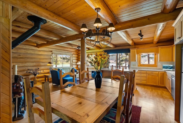 662 S Foys Lake Dr, Kalispell, MT 59901 - dining area with a wooden ceiling with exposed beams, light wood-style floors, rustic walls, and a chandelier
