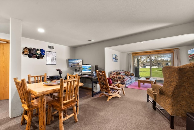 dining room featuring carpet flooring, visible vents, and recessed lighting