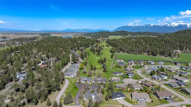aerial view featuring a mountain view and a wooded view