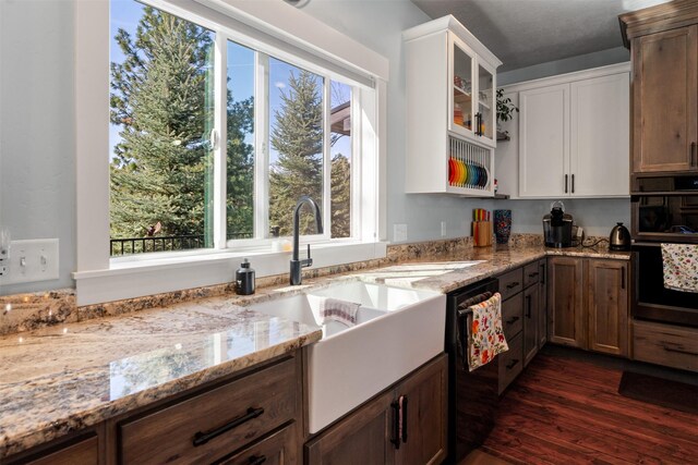 kitchen with a sink, plenty of natural light, dark wood finished floors, and black dishwasher