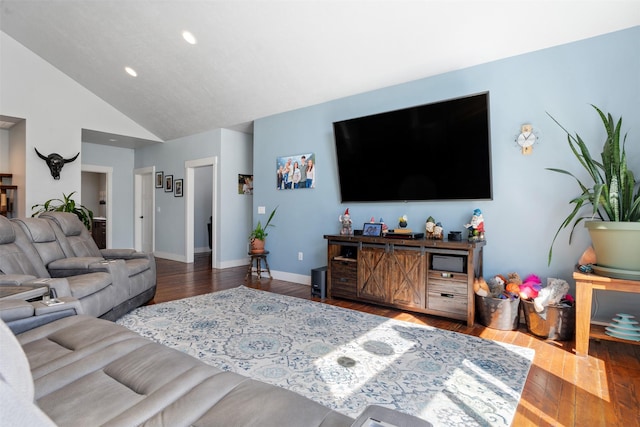 living room featuring wood finished floors, baseboards, recessed lighting, and high vaulted ceiling