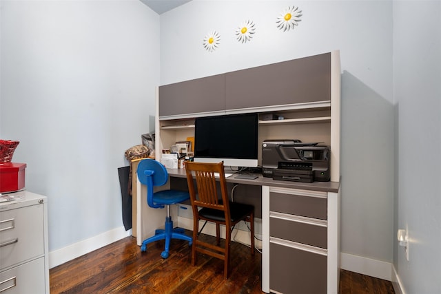 office area with dark wood finished floors and baseboards