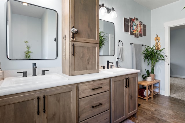 bathroom featuring double vanity, wood finished floors, and baseboards
