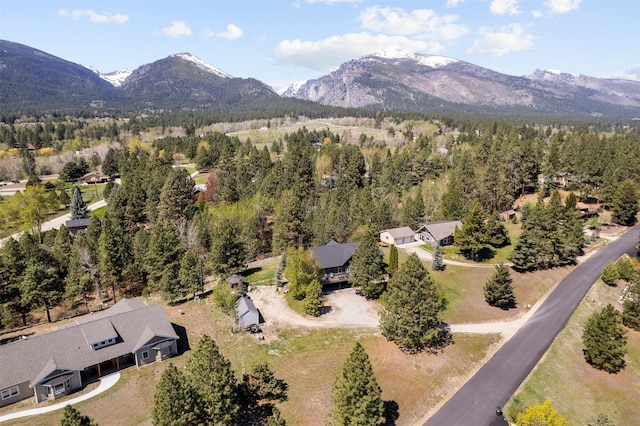 view of property location featuring a mountain backdrop and a heavily wooded area
