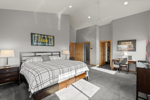 bedroom featuring carpet flooring, baseboards, high vaulted ceiling, and recessed lighting