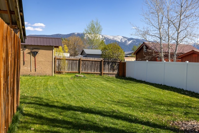 view of yard with a mountain view and a fenced backyard