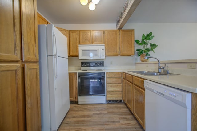 kitchen with light countertops, light wood-type flooring, a sink, and white appliances