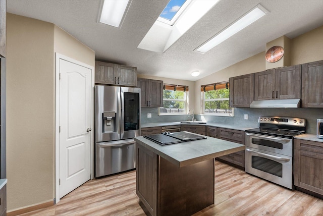 61574 Hillside Rd, Saint Ignatius, MT 59865 - kitchen with a sink, vaulted ceiling with skylight, a textured ceiling, under cabinet range hood, and appliances with stainless steel finishes