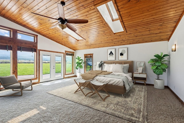 61574 Hillside Rd, Saint Ignatius, MT 59865 - bedroom featuring a skylight, french doors, carpet floors, wood ceiling, and access to exterior