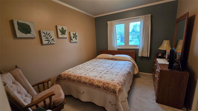 bedroom featuring light colored carpet, crown molding, and baseboards