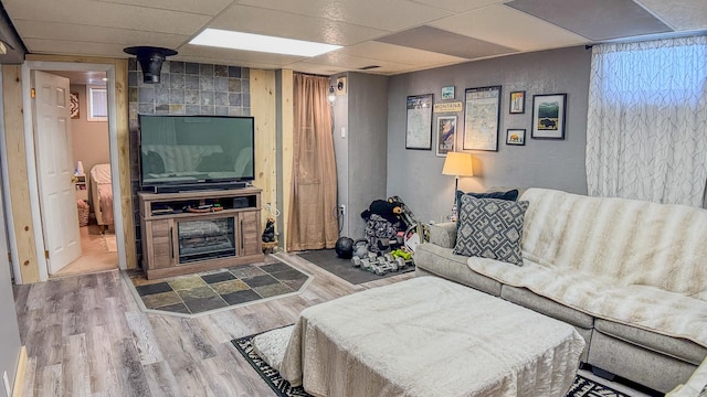 living area featuring a paneled ceiling and wood finished floors