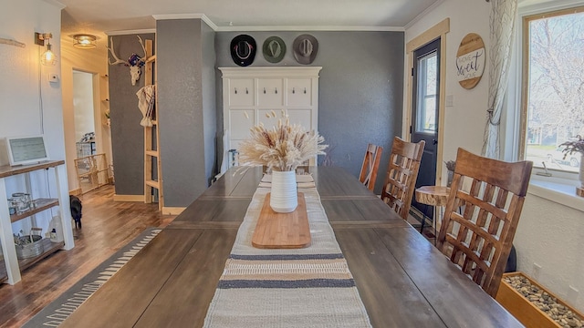 dining space featuring crown molding, a textured wall, and wood finished floors
