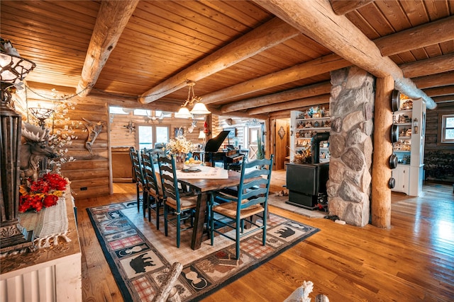 dining room featuring beam ceiling, log walls, a wood stove, wooden ceiling, and hardwood / wood-style flooring