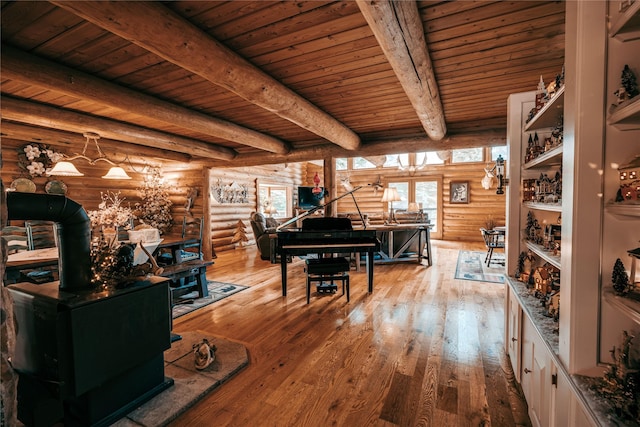 living area featuring hardwood / wood-style floors, a wood stove, wooden ceiling, beamed ceiling, and rustic walls