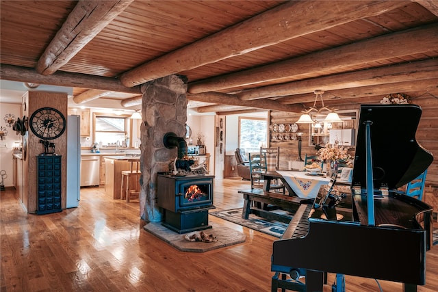 living room with a wood stove, wood ceiling, beamed ceiling, and light wood finished floors