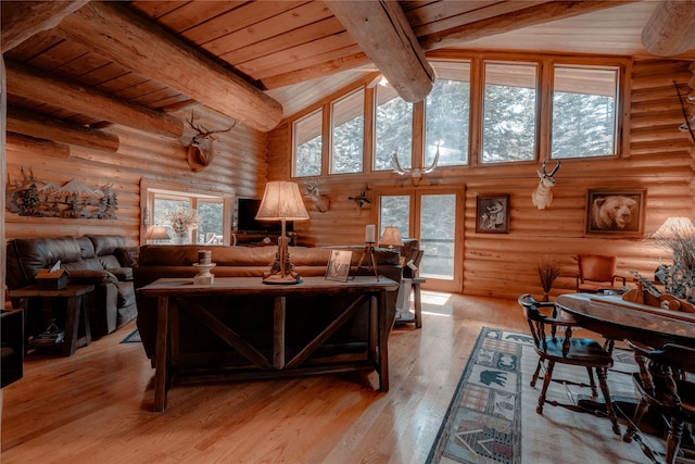 living area featuring wooden ceiling, beamed ceiling, rustic walls, and high vaulted ceiling