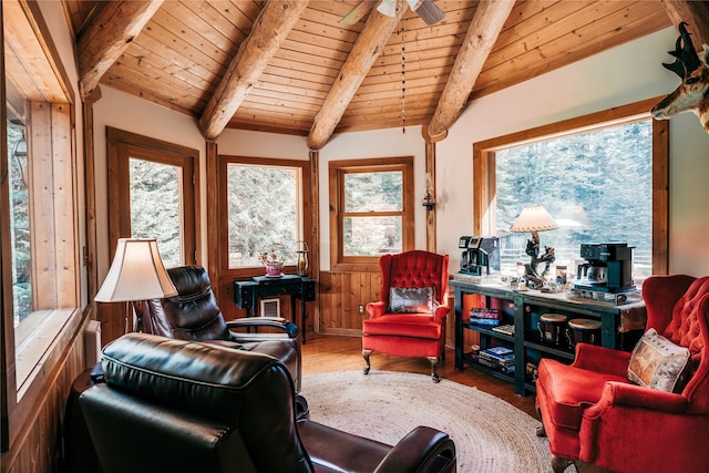 living room featuring wood ceiling, plenty of natural light, wood finished floors, and lofted ceiling with beams