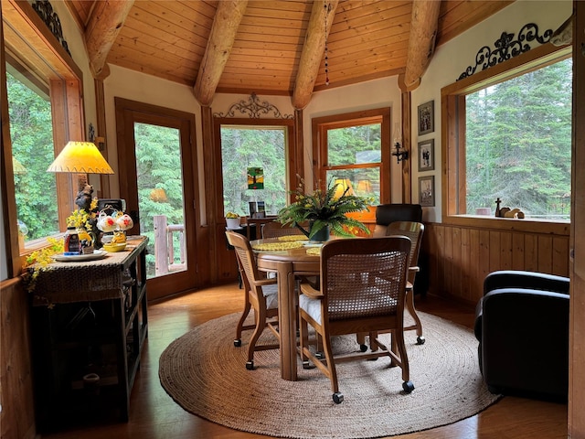 4212 Foothill Rd, Kalispell, MT 59901 - dining room featuring wood ceiling, wood finished floors, and wood walls