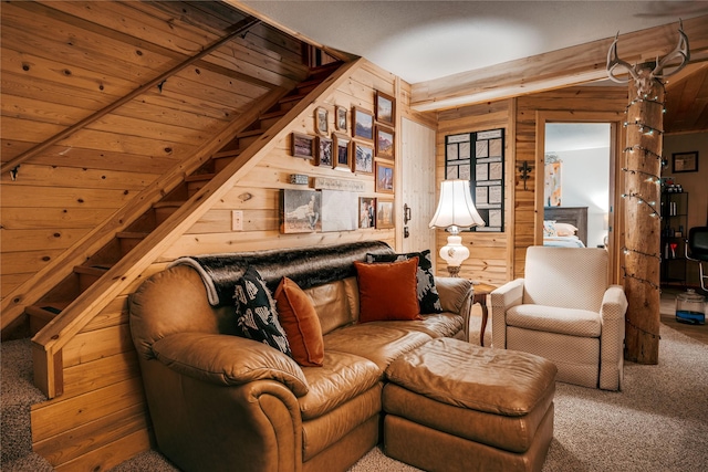 4212 Foothill Rd, Kalispell, MT 59901 - living room featuring wooden walls and carpet