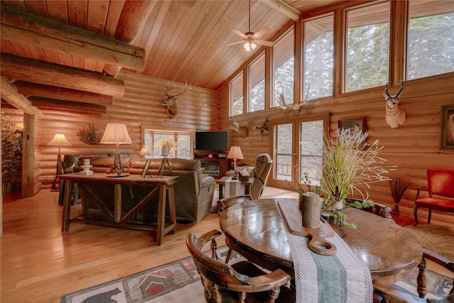 dining room with wooden ceiling, a high ceiling, light wood-style floors, and log walls