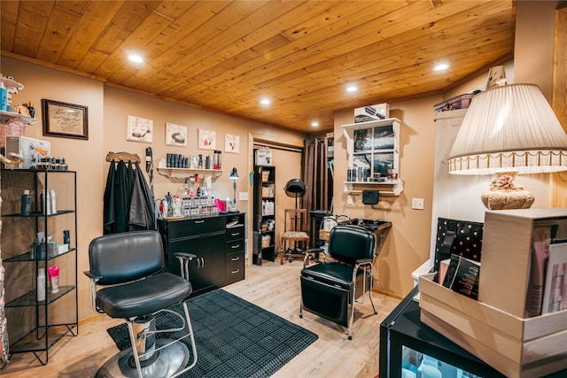 sitting room with wooden ceiling, wood finished floors, and recessed lighting