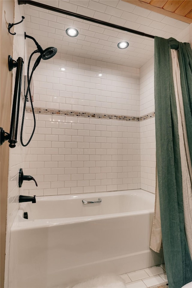 full bath featuring tile patterned floors, shower / bath combo, and recessed lighting