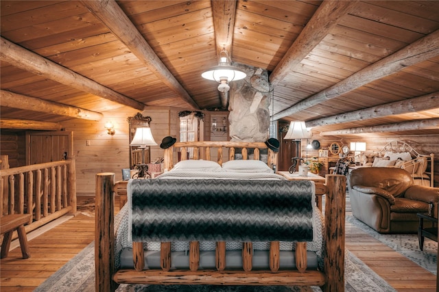 4212 Foothill Rd, Kalispell, MT 59901 - bedroom with a wooden ceiling with exposed beams, hardwood / wood-style flooring, and wood walls