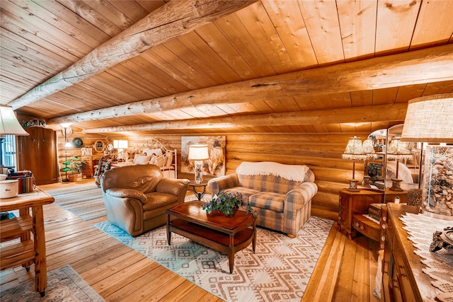 4212 Foothill Rd, Kalispell, MT 59901 - living area with rustic walls, a wooden ceiling with exposed beams, and wood-type flooring