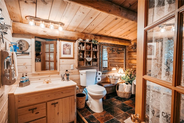 bathroom with toilet, log walls, stone tile floors, beamed ceiling, and wood ceiling