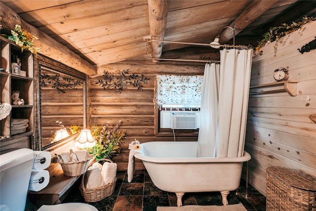 full bathroom featuring wood ceiling, toilet, cooling unit, rustic walls, and vaulted ceiling