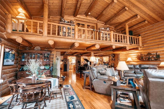 living room featuring wood ceiling and log walls