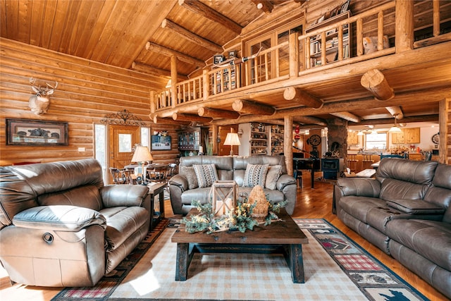 4212 Foothill Rd, Kalispell, MT 59901 - living room featuring a wood ceiling with exposed beams, rustic walls, and wood finished floors