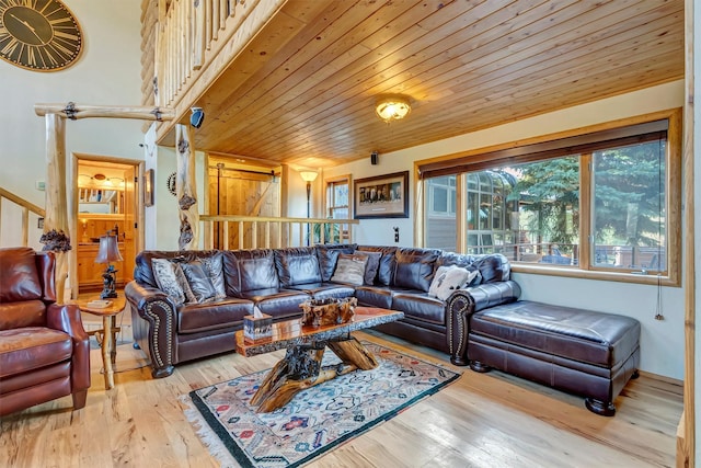 living room with wood-type flooring and wooden ceiling