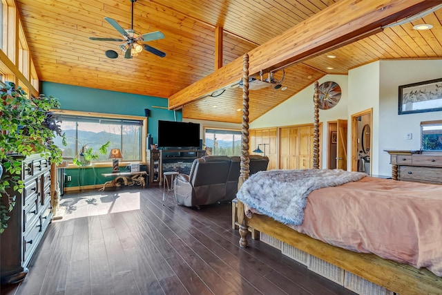 bedroom with multiple windows, wood finished floors, and wood ceiling