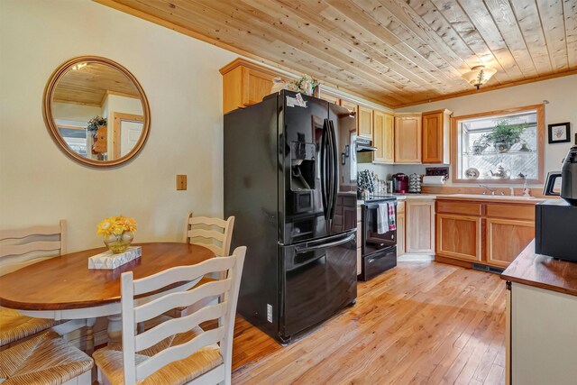 kitchen with black appliances, wood ceiling, light wood-style floors, crown molding, and a sink
