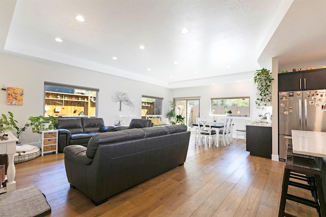 living room featuring wood-type flooring and recessed lighting