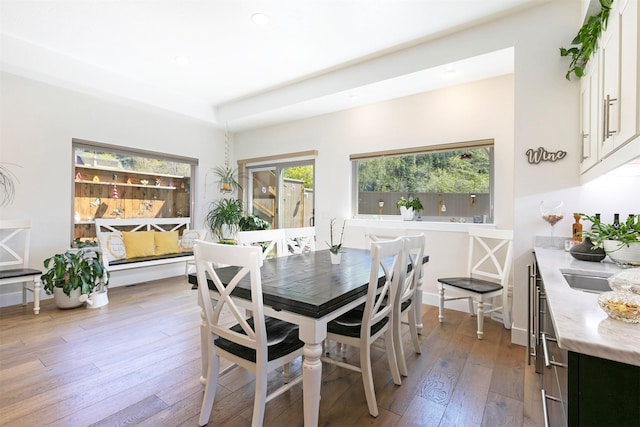 dining space with baseboards, wood-type flooring, and recessed lighting