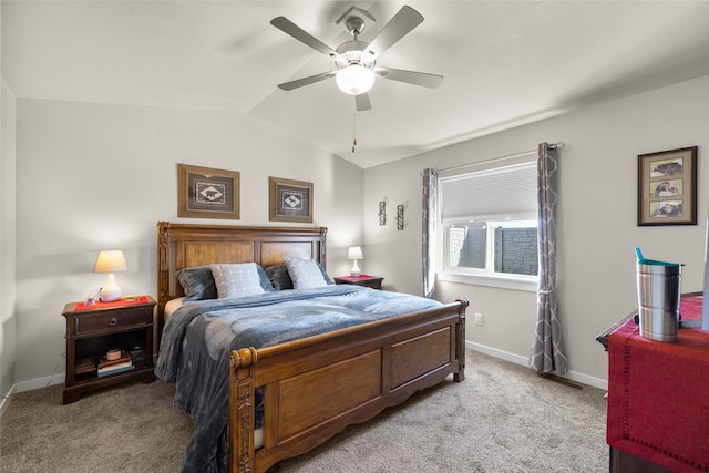 bedroom featuring lofted ceiling, light carpet, baseboards, and ceiling fan