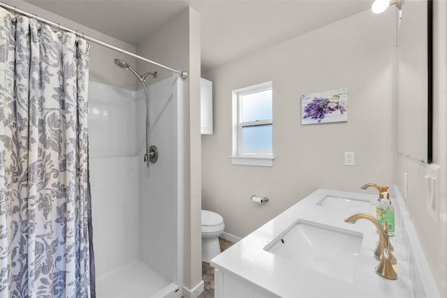 full bathroom featuring toilet, a shower with curtain, and a sink