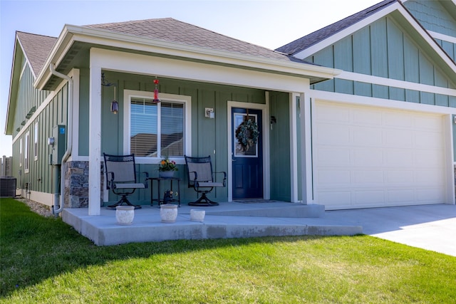 view of front of home featuring board and batten siding, covered porch, an attached garage, concrete driveway, and roof with shingles