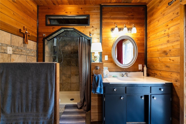 4420 7th Ave S, Great Falls, MT 59405 - full bathroom featuring a shower stall, wooden walls, vanity, and wooden ceiling