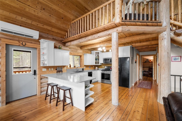 148 Muley Rd, Lakeside, MT 59922 - kitchen featuring stainless steel appliances, open shelves, a wall unit AC, and a sink