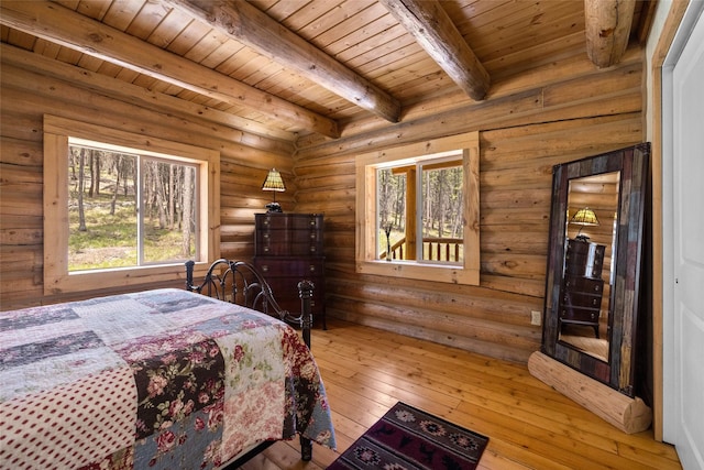 148 Muley Rd, Lakeside, MT 59922 - bedroom featuring wood-type flooring, log walls, beam ceiling, and wood ceiling