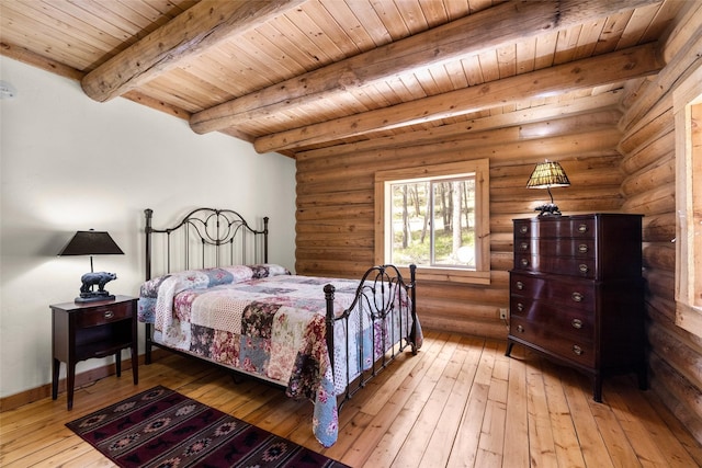 148 Muley Rd, Lakeside, MT 59922 - bedroom featuring wood ceiling, beamed ceiling, light wood-type flooring, and rustic walls