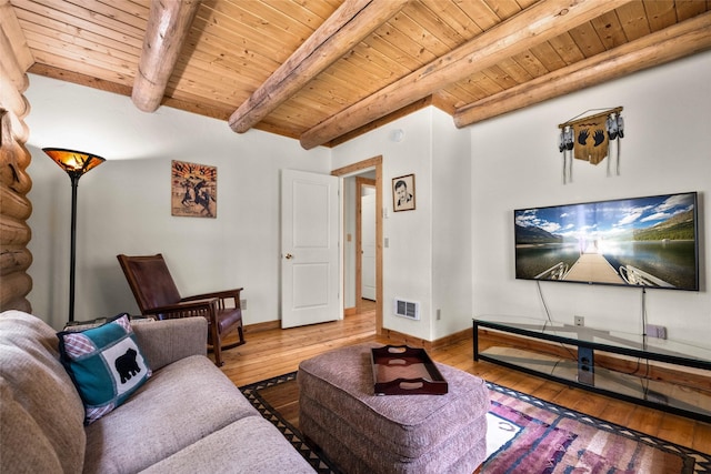 148 Muley Rd, Lakeside, MT 59922 - living room featuring wood ceiling, visible vents, wood-type flooring, and beamed ceiling
