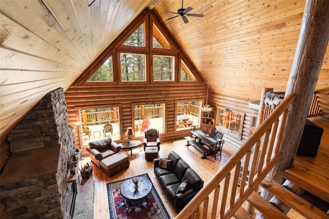 148 Muley Rd, Lakeside, MT 59922 - living area featuring wood ceiling, log walls, a ceiling fan, and hardwood / wood-style floors